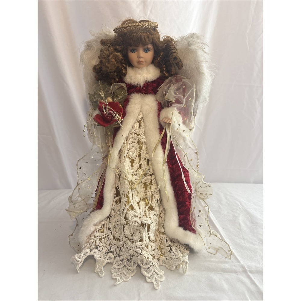 Collectors Choice Christmas Angel Porcelain Doll Red Lace Velvet 16 inch